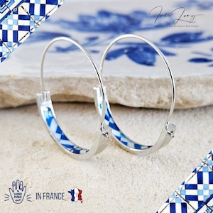 Blue Checkered 1.2'' HOOP Tile Earring Portugal Lightweight STEEL Azulejo Gold Hoop Historical Jewelry Anniversary Gift Women Portuguese Mom