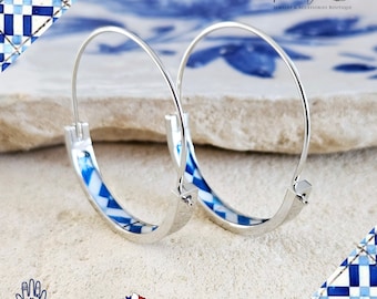 Blue Checkered 1.2'' HOOP Tile Earring Portugal Lightweight STEEL Azulejo Gold Hoop Historical Jewelry Anniversary Gift Women Portuguese Mom