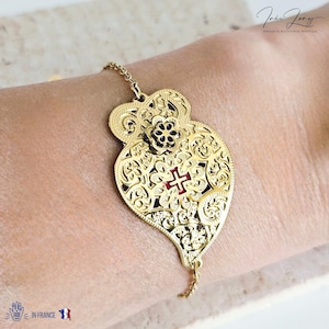 Portuguese Heart GOLD STEEL Bracelet Curved Heart of Viana Filigree Bracelet Mom Handmade Birthday Gift Dainty Adjustable Chain Bracelet