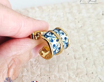 Portugal Tile Small HOOP Earring Flat GOLD Hoop Stainless STEEL Hoop Earring Vintage Blue Yellow Tile Portuguese Lisbon Travel Birthday Gift