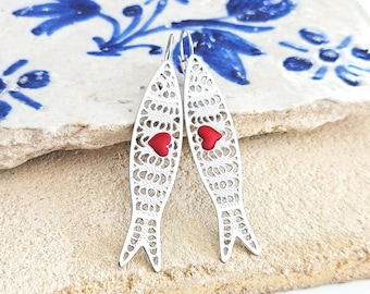 Filigree STEEL Sardine Earring Portuguese Red Small Enamel Heart Love Silver Fish Drop Long Earring Portugal Women Gift Sea Fish Earrings