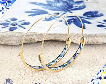 Boucles d'oreilles créoles carreaux bleu mixte Portugal ACIER INOXYDABLE léger azulejo créoles en or bijoux historiques cadeau d'anniversaire femmes maman portugaise