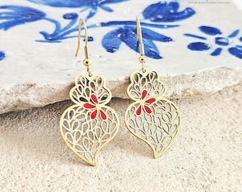 GOLD Filigree Viana Heart Earring Stainless Steel Dangle Red Drop Heart Handmade Jewelry Gift Women Typical Portuguese Earrings