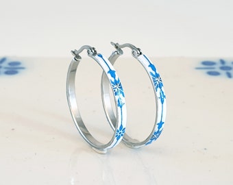 BLUE Thin HOOP Braga Tile Earring Blue Portugal STEEL Azulejo Delicate Silver Hoop Gift for Her from Portugal Vacation Travel Moving Europe