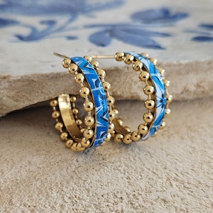 Small Gold HOOP Tile Earring Portugal STEEL Blue Lisbon Azulejo Delicate Tiny Gold Ball Hoops Historical Jewelry Gift Portugal Tile Souvenir