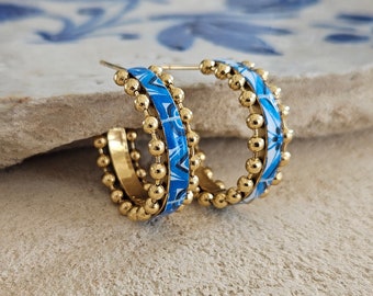 Kleine gouden RING tegeloorbel Portugal STAAL blauwe Lissabon Azulejo delicate kleine gouden bal hoepels historische sieraden cadeau Portugal tegel souvenir