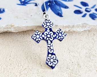 Blue Clay TILE CROSS Necklace Silver STEEL Azulejo Christian Gift Catholic Necklace Faith Gift for Soulmate Historical Portuguese Jewelry