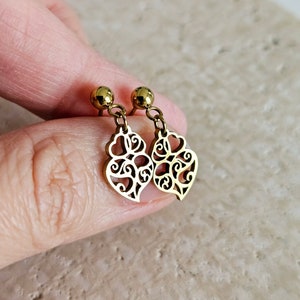 GOLD Filigree Steel Heart Earring Dangle Earring Thin Lightweight Handmade Jewelry Gift Mom Loving Gift Travel to Portugal Globetrotter Gift