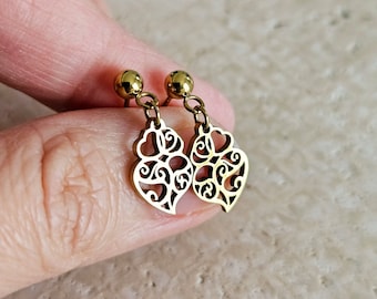 GOLD Filigree Steel Heart Earring Dangle Earring Thin Lightweight Handmade Jewelry Gift Mom Loving Gift Travel to Portugal Globetrotter Gift