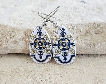 Portugal Tegel Druppeloorbel Koningsblauw Druppel Moeder Parel Portugese Sieraden Tegeloorbel Azulejo Souvenir Reizen naar Portugal Cadeau