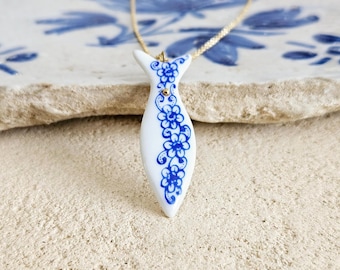 Ceramic & Lace Portuguese Gold Necklace White Blue Azulejo Handmade Necklace Fish Sardine Tile Viana Heart Clay Woman Gift From Portugal