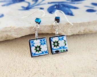 Portugiese Blau Grün Tile Ohrring Portugal Azulejos Kleine Quadrat Tropfen Ohrringe Tile Mittelmeer Ohrringe Tile Blauer Hämatit Naturstein