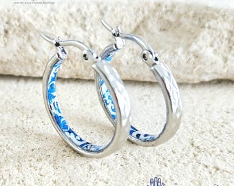 Antique BLUE HOOP Tile Earring Blue Flower Silver STEEL Azulejo Silver Hoops Historical Jewelry Anniversary Women Handmade Fashion Gift