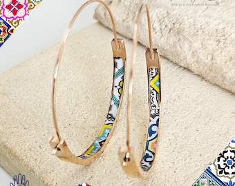 Gemengde Portugese tegel GOUDEN HOOP Earring Portugal lichtgewicht stalen Azulejo hoepel historische sieraden minimale oorbel cadeau vrouwen Portugese moeder