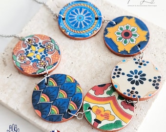 Mexican Round Tiles Necklace Mexico Talavera Statement Jewelry Bohemian Necklace Spanish Lightweight Pendant Mismatched Big Tiles Necklace