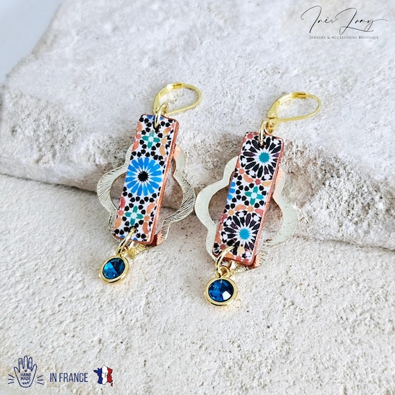 Moroccan Arabesque Tile GOLD Earring Ottoman Bar Earring Morocco Tile Long Earring Zelig Silver Earring Mismatched Arabic Tile Birthday Gift