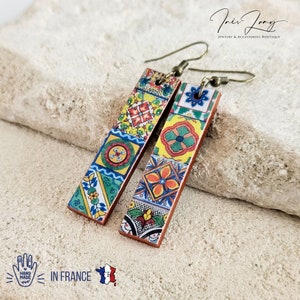 Mexican Tile Bar Earring Mixed Colorful Talavera Tile Long Bar Earring Rectangular Bar Earring Decorative Tile Jewelry Handmade Travel Gift