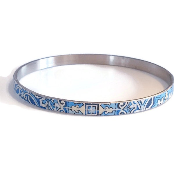 Portugal Azulejo Bangle Portuguese Tiles Bracelet Ethnic Bracelet Boho Blue Jewelry Blue White Bangle Ceramic Tile Pattern Thin Bangle