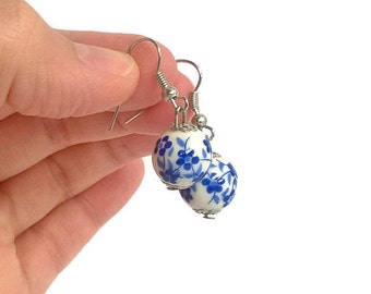 Ceramic Beads Small Drop Earring Porcelain Ceramic Globe Earrings Blue White Flower Jewelry Blue Flower Bead Earring Round Pottery Pearl