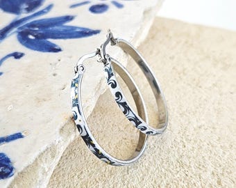 Boucles d'oreilles créoles fines en faïence du Portugal, créoles plates en argent, boucles d'oreilles créoles en acier inoxydable, créoles vintage en faïence portugaise, créoles portugaises Lisbonne, cadeau de voyage, mémoire de Coimbra