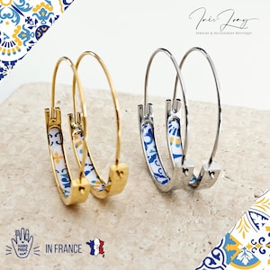 Portugal Tile 1.2&#39;&#39; GOLD HOOP Earring Lightweight STEEL Azulejo Silver Flat Hoops Historical Jewelry Christmas Gift Travel Handmade Gift