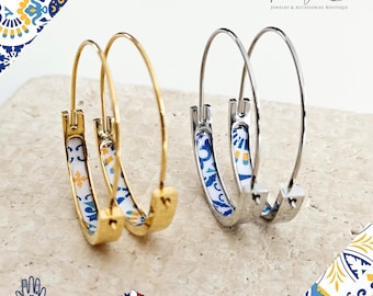 Portugal Tile 1.2'' GOLD HOOP Earring Lightweight STEEL Azulejo Silver Flat Hoops Historical Jewelry Christmas Gift Travel Handmade Gift