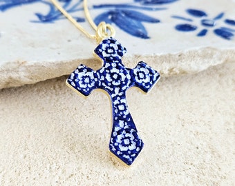 Blue Clay GOLD CROSS Necklace Portuguese Tile Azulejo Christian Gift Catholic Necklace Faith Gift for Soulmate Historical Portuguese Jewelry