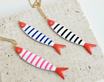 Portuguese Sardine Necklace Fish Pink Red Black Blue Enamel Pendant Gold Sea Animal Long Fish Sardine Jewelry Gift Portugal Souvenir Gift