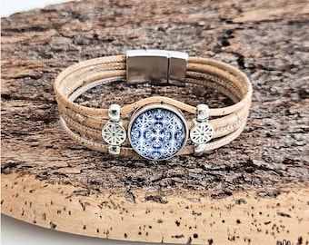 Natural CORK Bracelet Portuguese Blue Tile Bracelet Silver Cabochon Vegan Cork Strand Cord Bracelet Tree Bark Jewelry Anniversary Vegan Gift