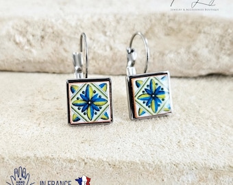 Majolica Azulejo Earring Tile Stainless STEEL Drop Earring Square Geometric Earring Gift Blue Yellow Caltagirone Tile Earring Silver Gold