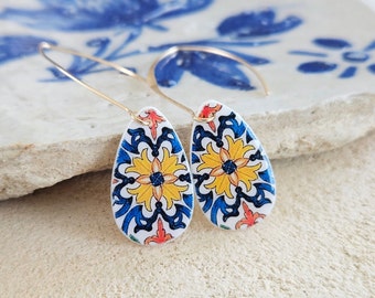 Orange Blue Tile Gold Teardrop Tile Earring Portugal Jewelry Mother Pearl Earring Azulejo Pattern Portuguese Gifts Blue Tile Gold Teardrop