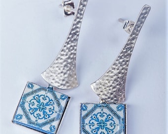 Portugal Blue tile earrings Portuguese azulejos drop earrings Mediterranean style square small studs Long Blue silver post tile earrings