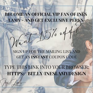 May include: Become an official VIP fan of In&ecirc;s Lamy and get exclusive perks. Want 15% off? Sign up for the mailing list and get an instant coupon code. Type this link into your browser: HTTPS://BIT.LY/INESLAMYDESIGN. In&ecirc;s Lamy Jewelry & Accessories Boutique.