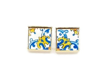 Blue gold tile earrings small antique earrings Square Portuguese tiles azulejo jewelry lightweight tile studs traditional tile earrings