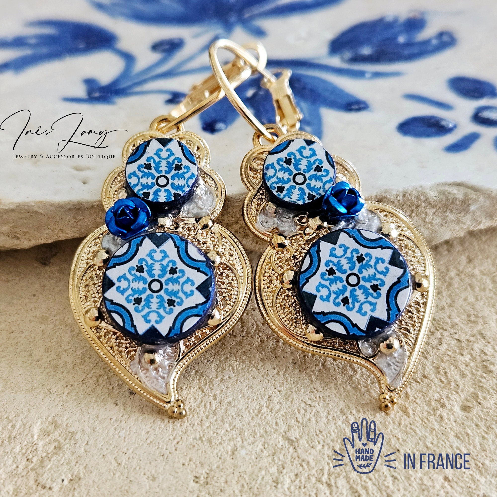 Gold Heart of Viana Hoop Earring Filigree Portuguese Indigo Blue
