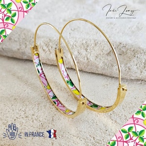Pink GOLD HOOP Tile Earring Portugal Flat Steel Azulejo PORTO Green Gold Floral Hoop Historical Jewelry Whimsical Portuguese Tile Mom Gift