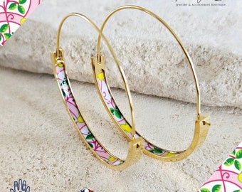 Pink GOLD HOOP Tile Earring Portugal Flat Steel Azulejo PORTO Green Gold Floral Hoop Historical Jewelry Whimsical Portuguese Tile Mom Gift