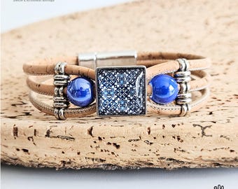 Natural CORK Bracelet Portuguese Blue Square Tile Bracelet Silver Cabochon Vegan Cork Strand Cord Bracelet Tree Bark Jewelry Vegan Gift