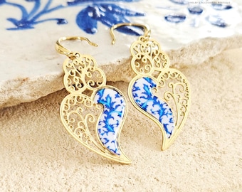 GOLD Filigree Viana Heart Earring Steel Dangle Blue Azulejo Heart 925 Sterling Silver Earring Zircon Stone Lightweight Handmade Jewelry Gift