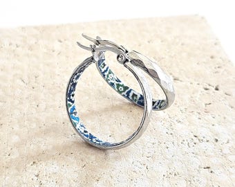 Turkish HOOP Tile Earring Blue Flower Tile Silver STEEL Damascus Azulejo IZNIK Silver Hoops Historical Jewelry Anniversary Women Tile Gift