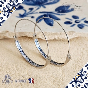 Blue HOOP Tile Earring Portugal Lightweight STEEL Azulejo Hoop Historical Jewelry Gift Women Portuguese Tile Majolica Antique Earring Silver