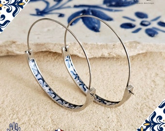 Blue HOOP Tile Earring Portugal Lightweight STEEL Azulejo Hoop Historical Jewelry Gift Women Portuguese Tile Majolica Antique Earring Silver