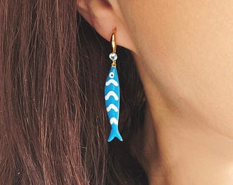 Portuguese Sardine Earring Blue White Stripe Sardine Earrings 925 Sterling Gold Drop Earring Sardine Enamel Earring Gift From Portugal