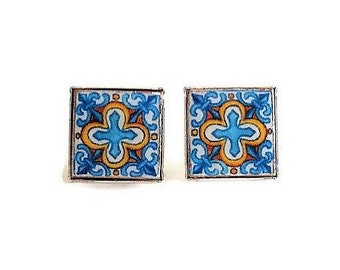 Turquoise Mexican tile earrings Mexico Talavera tile studs boho wedding gift Spanish flower small tiles studs Colorful tile post earring