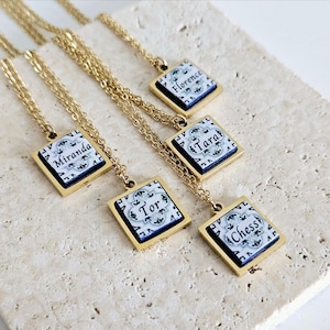 Custom Name Necklace Portugal Tile Gold Necklace Gift Personalized Handmade Script Letter Name Necklace Jewelry Blue White Azulejo Pendant