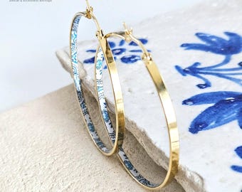 GOLD Flat HOOP Tile Earring Portugal Stainless STEEL Azulejo Delicate Gold Hoop Historical Gold Jewelry Travel Gift Portuguese Blue Tile