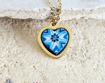 GOLD Heart Portuguese Tile Charm Necklace Blue White Tile Azulejo Gold Pendant Silver Steel Necklace Tile Portugal Gift Handmade Souvenir