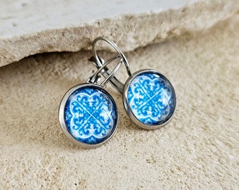 Portugal Blue Tile Earring Azulejo Jewelry Classical Antique Tile Earring Geometric Round Earring Gift from Portugal Travel Vacation Gift