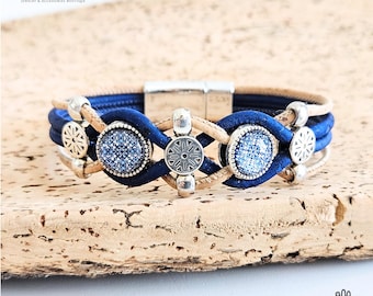 CORK Bracelet Portugal Mix Tile Cabochon Silver Vegan Natural Blue Cork Strand Bracelet Eco Friendly Jewelry Gift Anniversary Vegan Gift