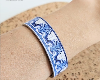 Tile CORK Bracelet w/ Portuguese Tile Pattern Silver Clasp Natural Vegan Cork Printed Strand Flat Band Tree Bark Jewelry Vegan Gift